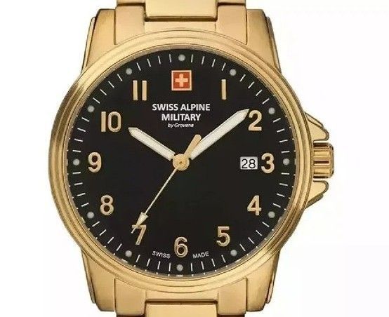 Swiss Alpine Military Leader Ladies Goldfarben Edelstahl Schwarzes Zifferblatt Quarz 7711.1117 100M Damenuhr