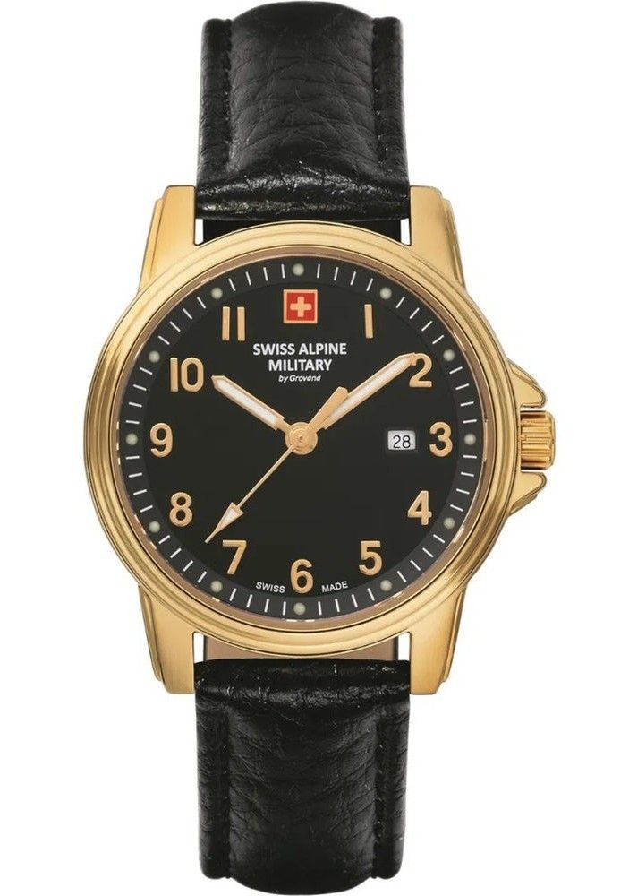 Swiss Alpine Military Leader Ladies Lederarmband Schwarzes Zifferblatt Quarz 7711.1517 100M Damenuhr