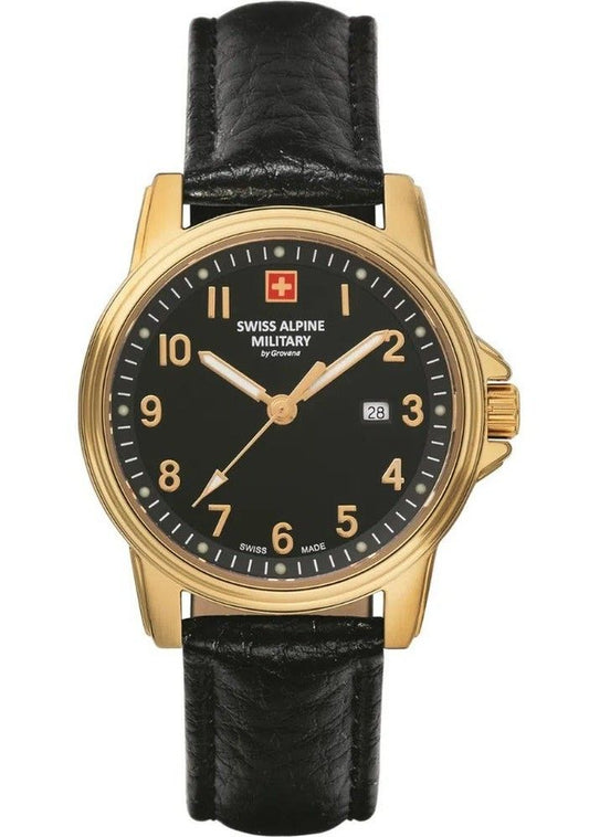 Swiss Alpine Military Leader Ladies Lederarmband Schwarzes Zifferblatt Quarz 7711.1517 100M Damenuhr