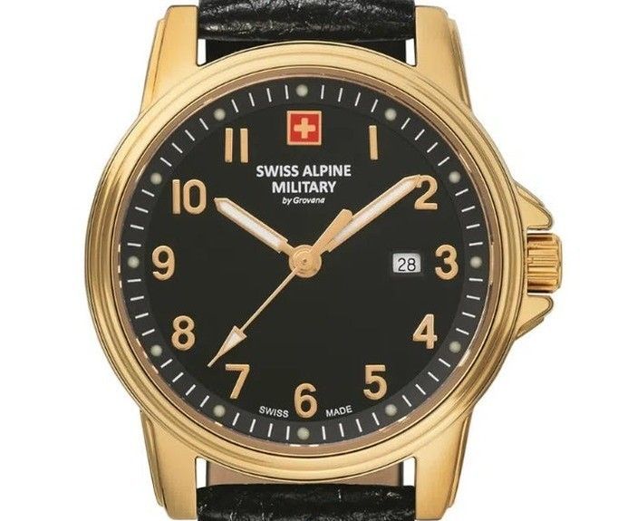 Swiss Alpine Military Leader Ladies Lederarmband Schwarzes Zifferblatt Quarz 7711.1517 100M Damenuhr
