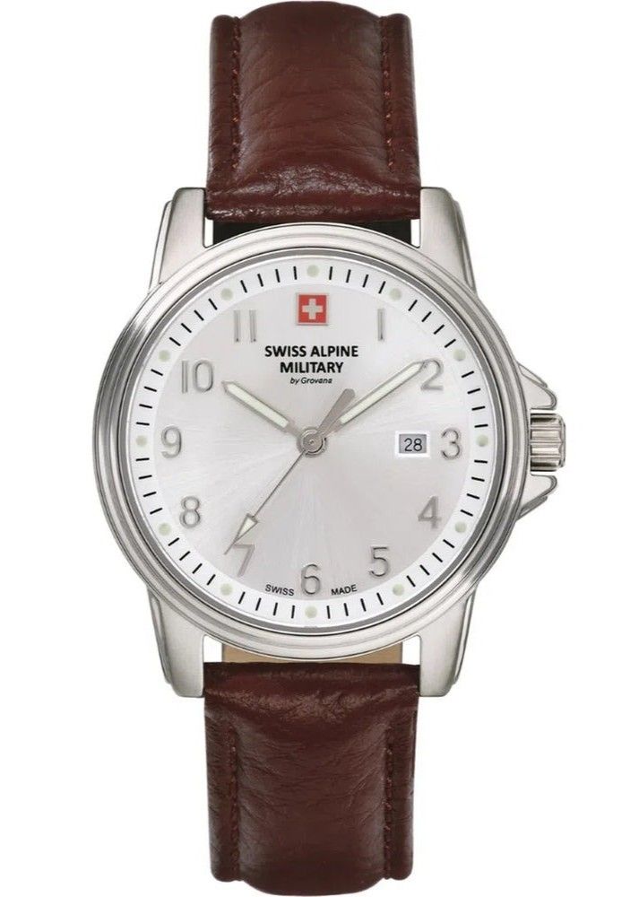 Swiss Alpine Military Leader Ladies Lederarmband Silberfarbenes Zifferblatt Quarz 7711.1532 100M Damenuhr