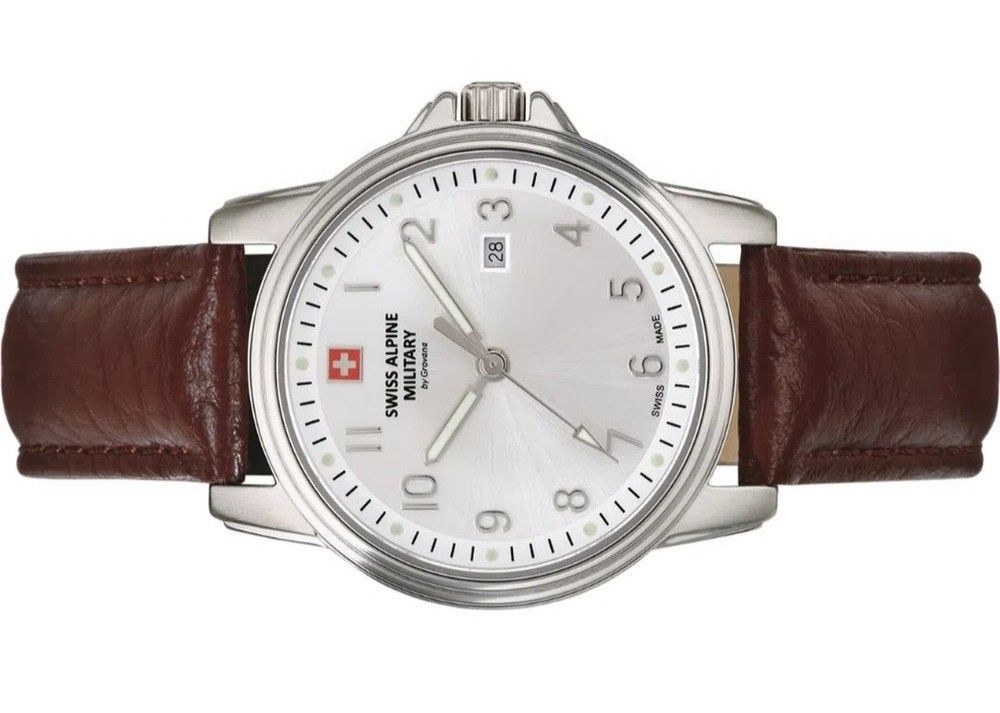 Swiss Alpine Military Leader Ladies Lederarmband Silberfarbenes Zifferblatt Quarz 7711.1532 100M Damenuhr