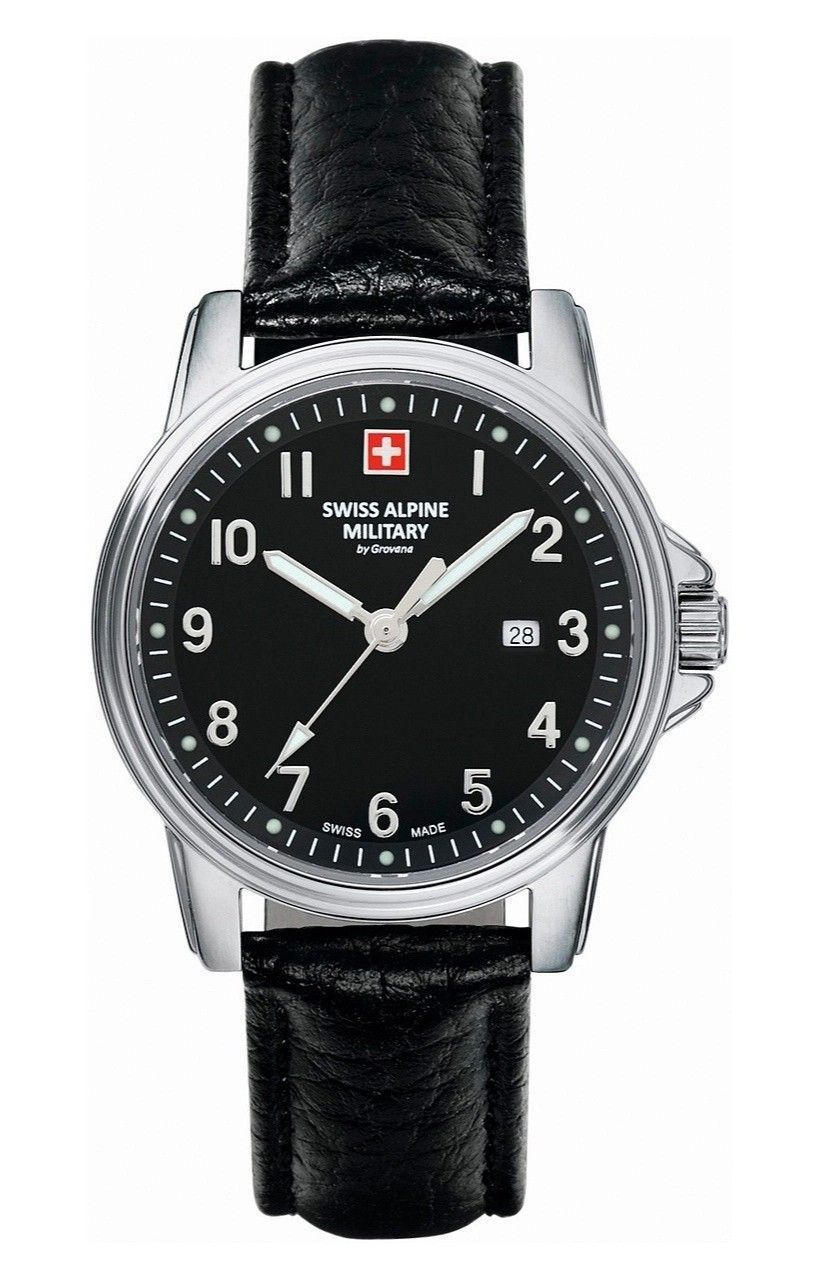 Swiss Alpine Military Leader Ladies Lederarmband Schwarzes Zifferblatt Quarz 7711.1537 100M Damenuhr