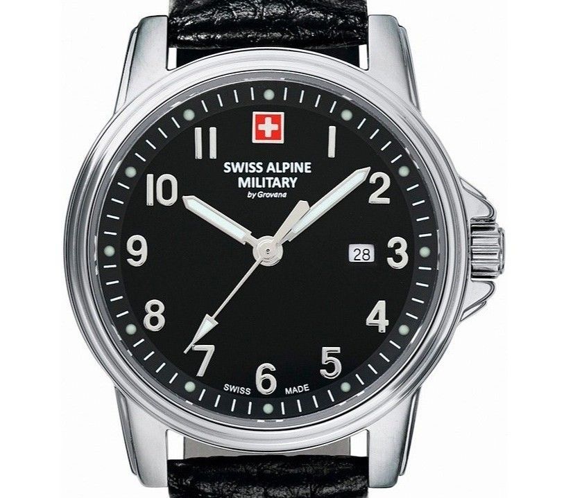 Swiss Alpine Military Leader Ladies Lederarmband Schwarzes Zifferblatt Quarz 7711.1537 100M Damenuhr