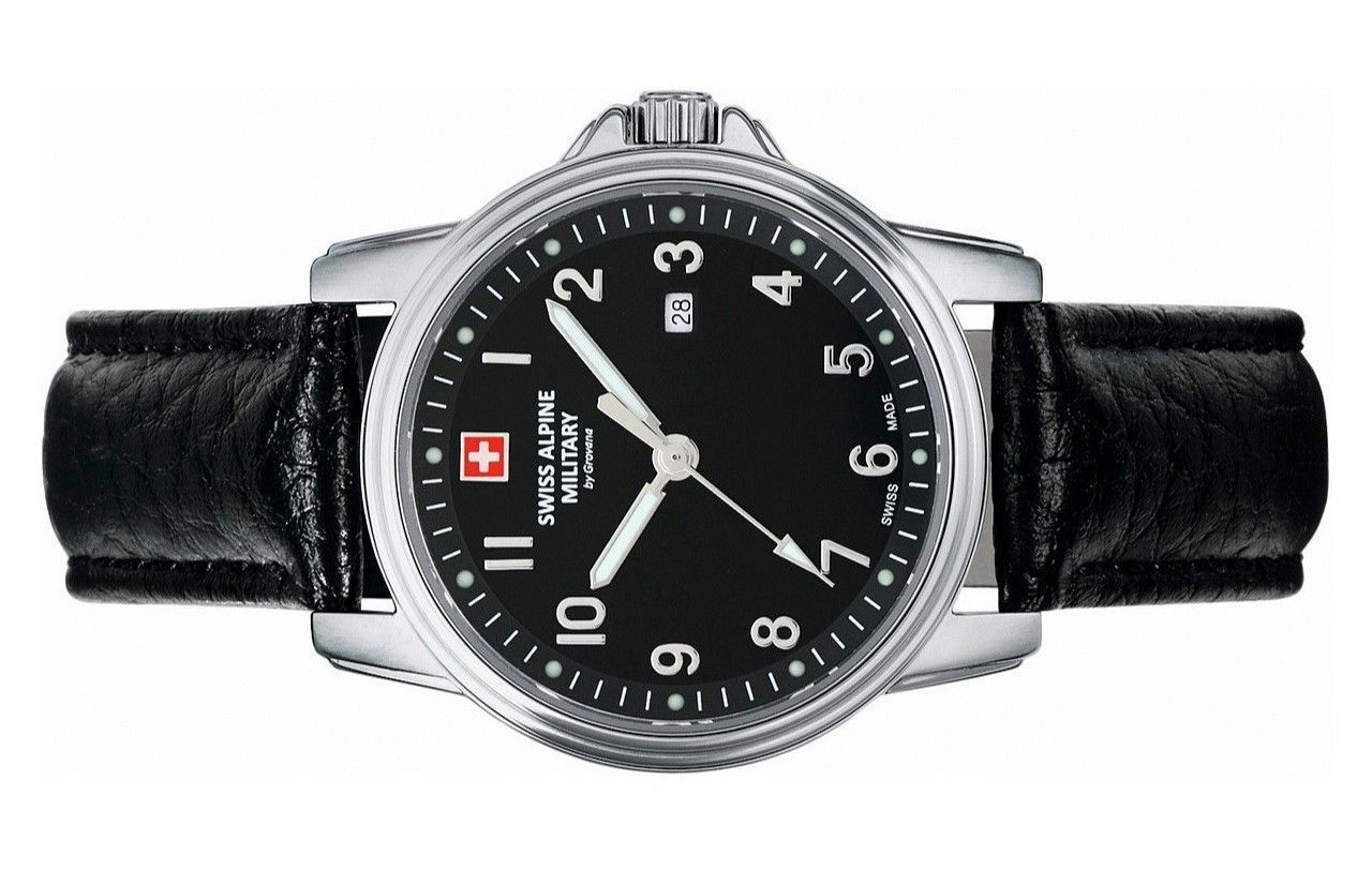 Swiss Alpine Military Leader Ladies Lederarmband Schwarzes Zifferblatt Quarz 7711.1537 100M Damenuhr