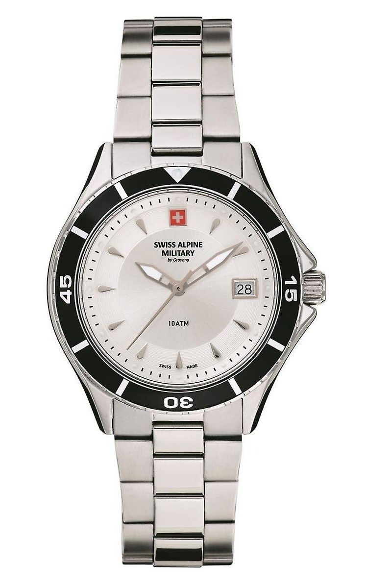 Swiss Alpine Military Aquatech Ladies Edelstahl Silberfarbenes Zifferblatt Quarz 7740.1132 100M Damenuhr