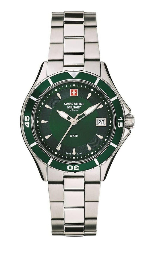 Swiss Alpine Military Aquatech Ladies Edelstahl Grünes Zifferblatt Quarz 7740.1134 100M Damenuhr