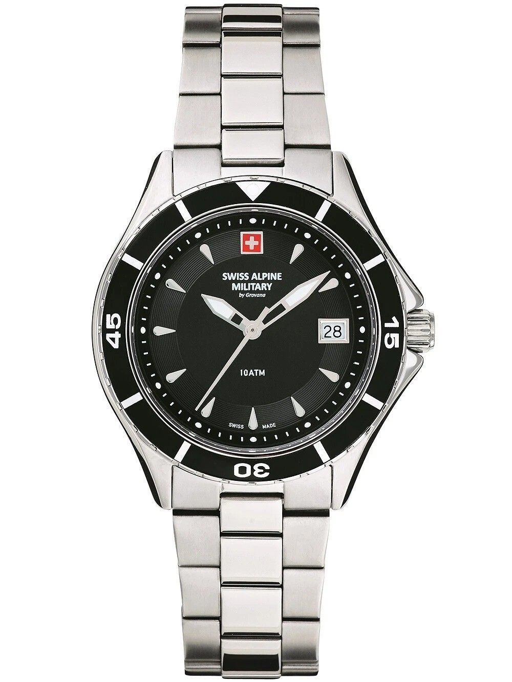 Swiss Alpine Military Aquatech Ladies Edelstahl Schwarzes Zifferblatt Quarz 7740.1137 100M Damenuhr