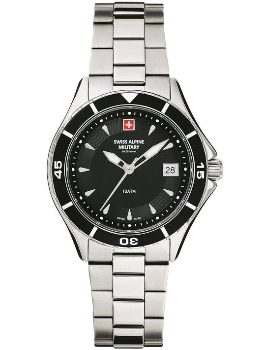 Swiss Alpine Military Aquatech Ladies Edelstahl Schwarzes Zifferblatt Quarz 7740.1137 100M Damenuhr