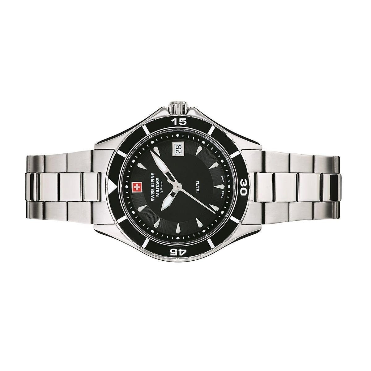 Swiss Alpine Military Aquatech Ladies Edelstahl Schwarzes Zifferblatt Quarz 7740.1137 100M Damenuhr