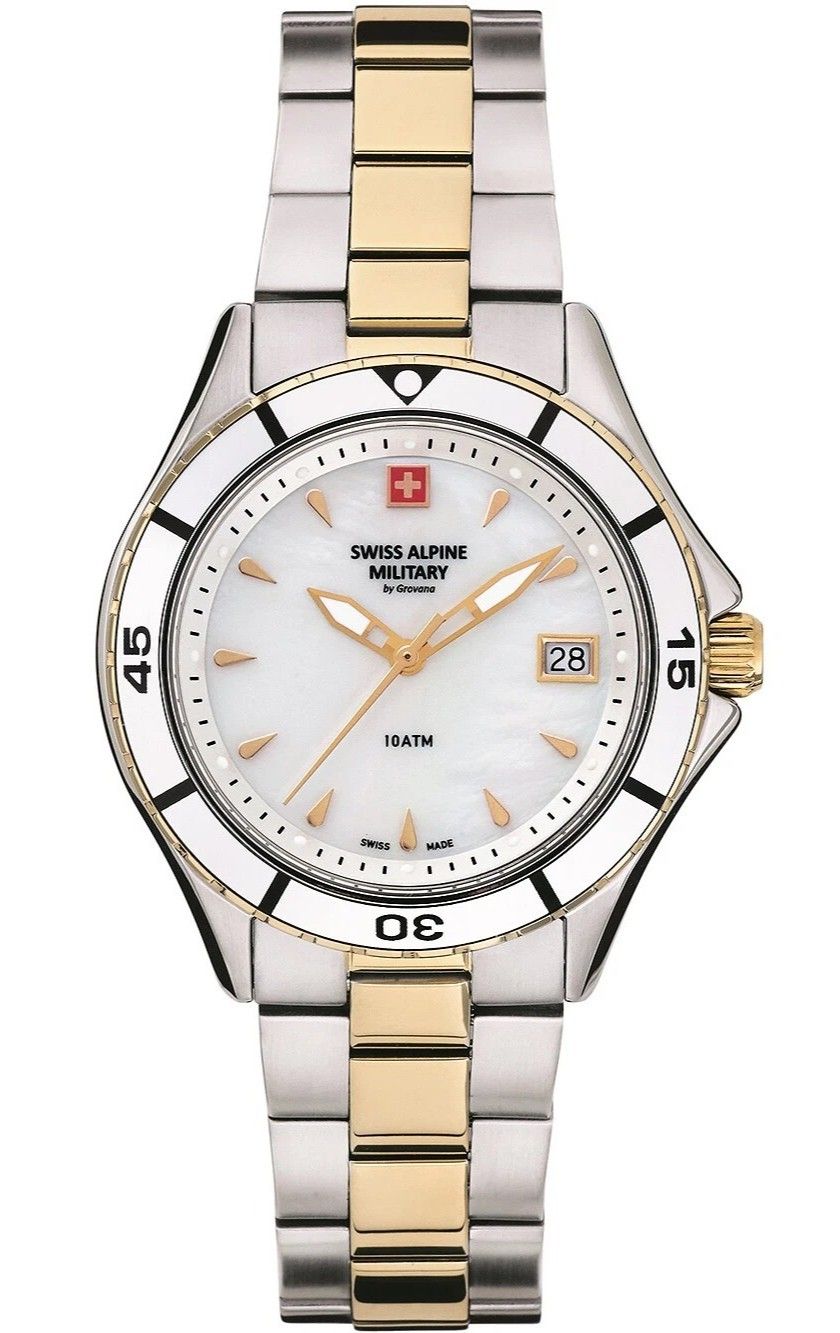 Swiss Alpine Military Aquatech Ladies White Perlmutt-Zifferblatt Quarz 7740.1143 100M Damenuhr