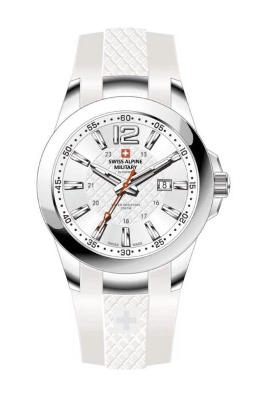 Swiss Alpine Military Combat Air Ladies Silicone Strap White Dial Quarz 7758.1833 Damenuhr