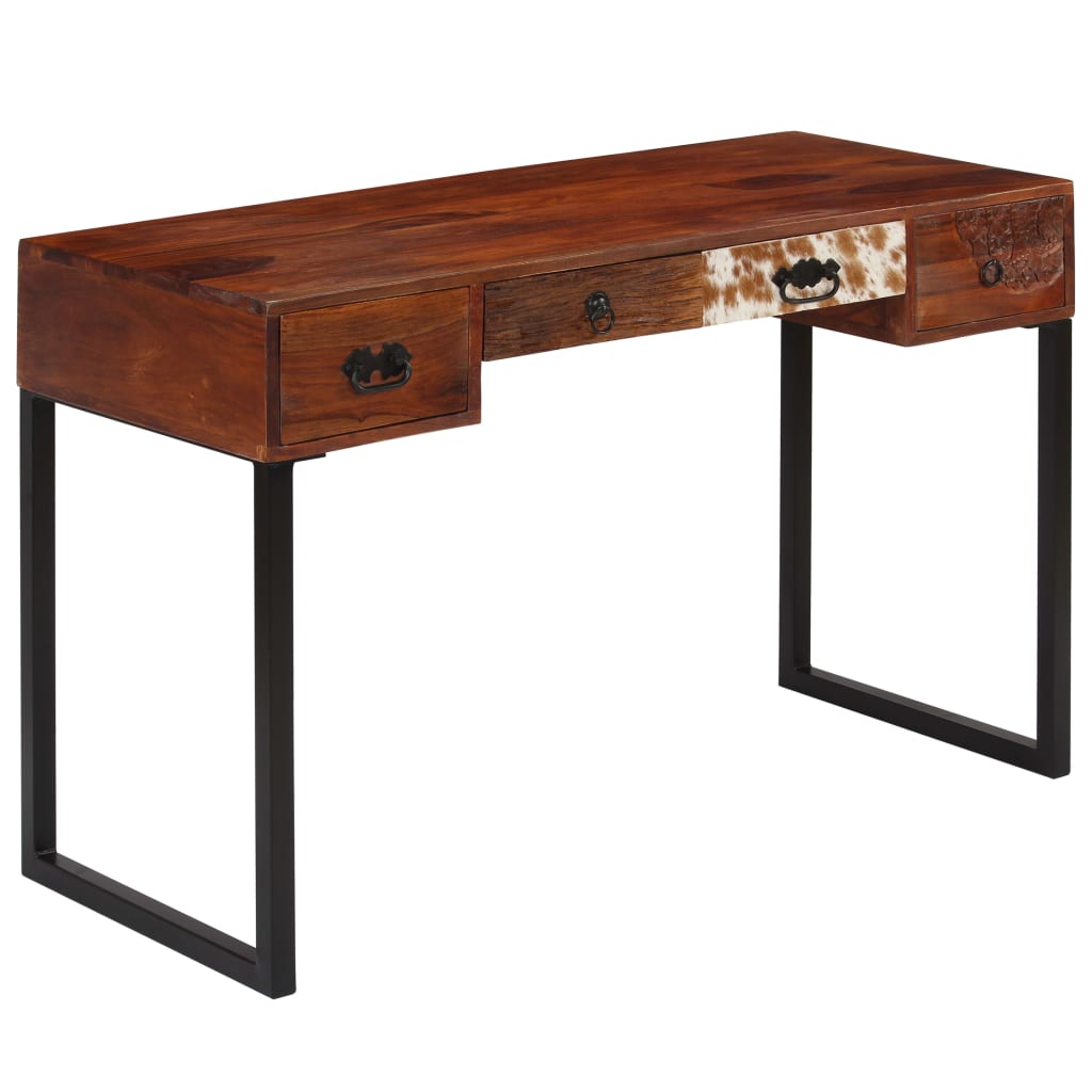 Bureau en bois massif d'acacia et cuir véritable 117x50x76 cm