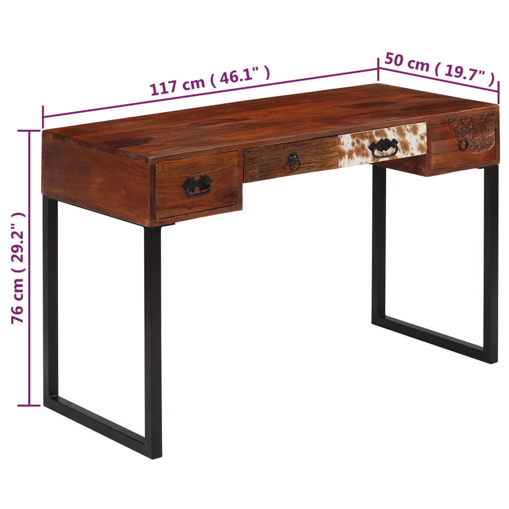 Bureau en bois massif d'acacia et cuir véritable 117x50x76 cm