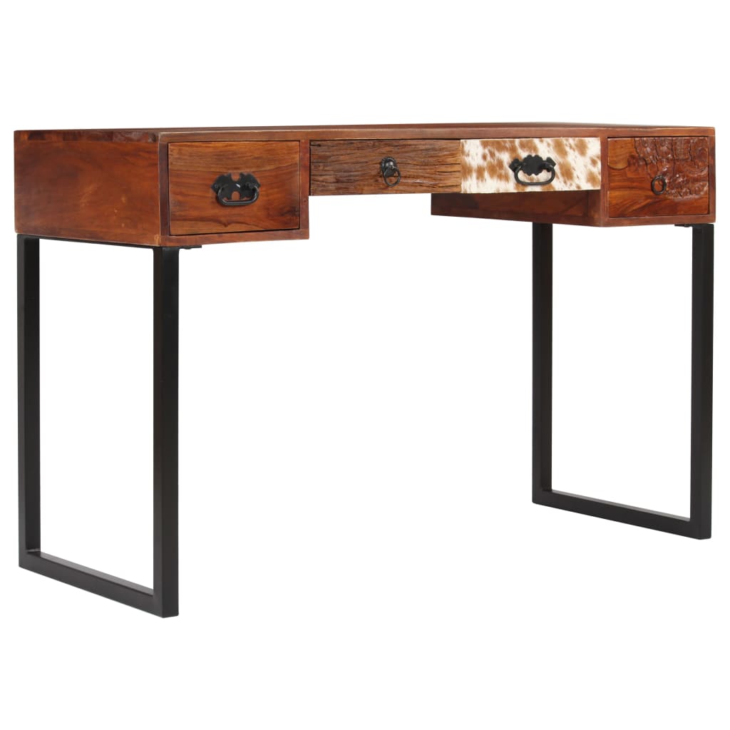 Bureau en bois massif d'acacia et cuir véritable 117x50x76 cm