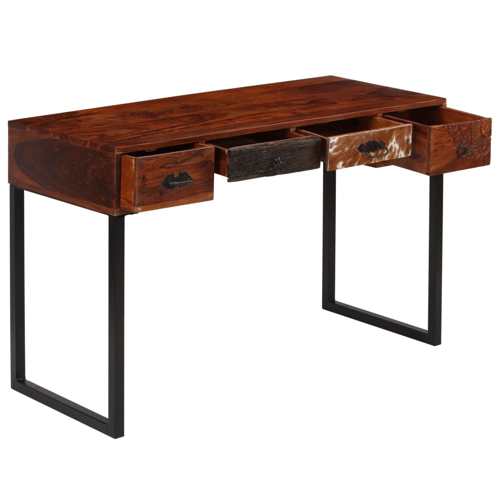 Bureau en bois massif d'acacia et cuir véritable 117x50x76 cm