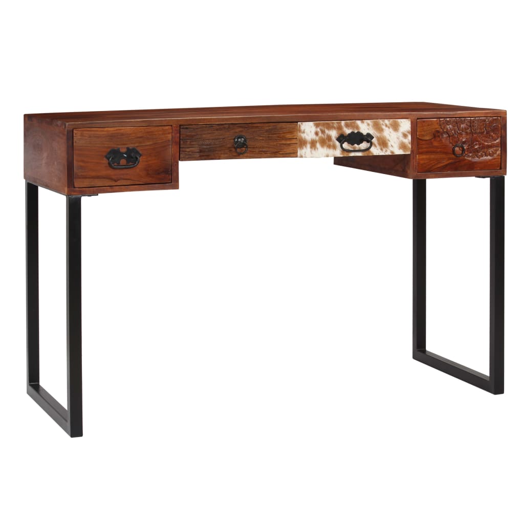Bureau en bois massif d'acacia et cuir véritable 117x50x76 cm
