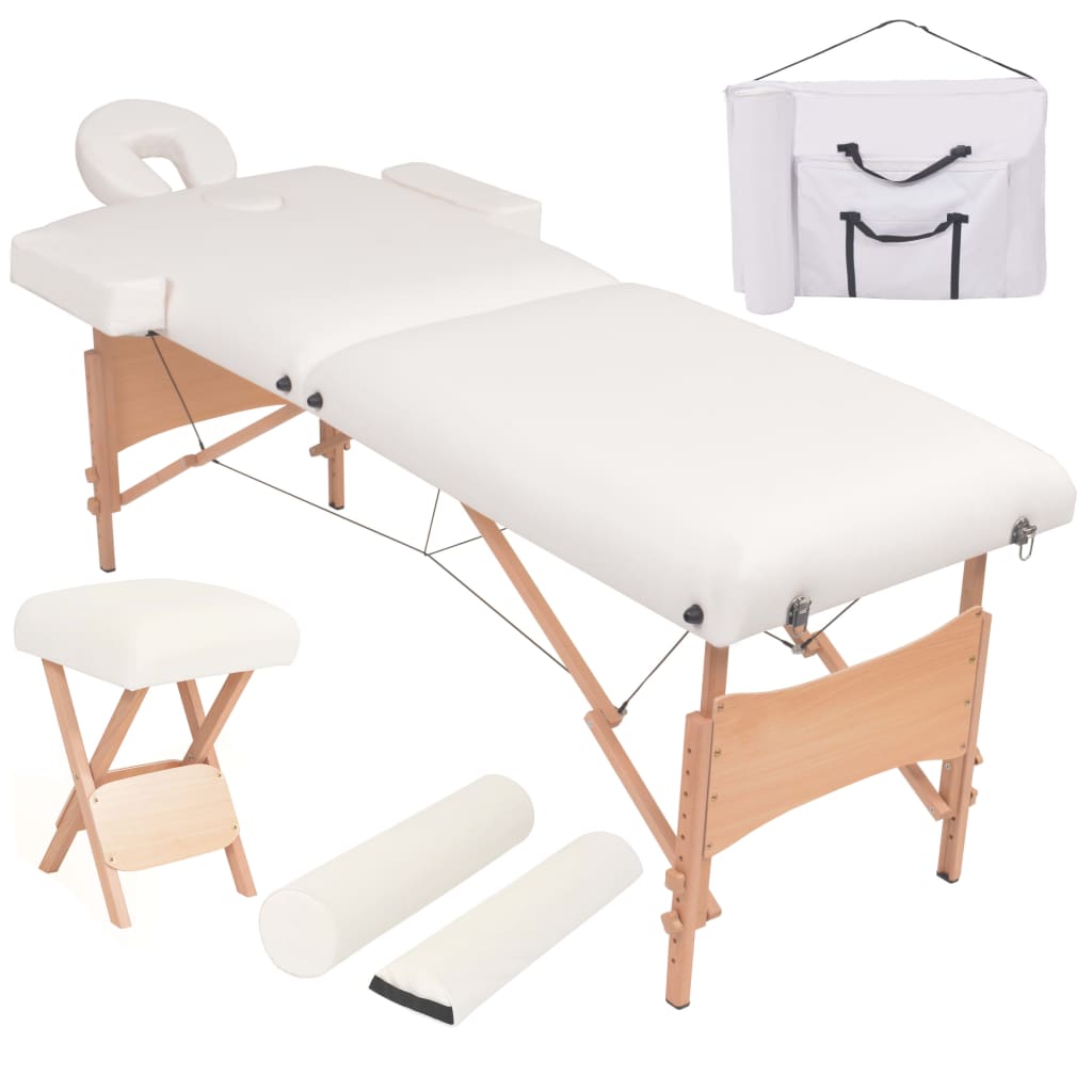 Table de massage 2 zones pliable avec tabouret 10 cm assise blanc