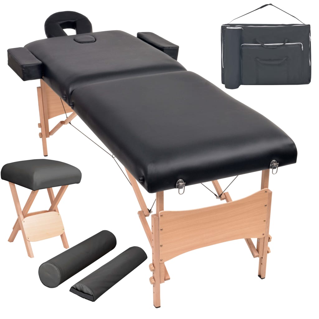 Table de massage pliante 2 zones avec tabouret 10 cm assise noire