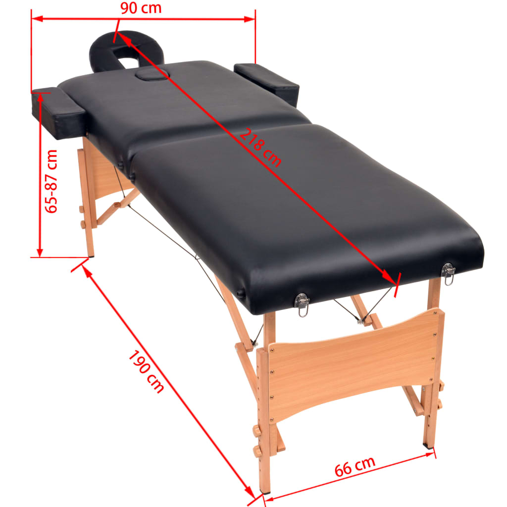 Table de massage pliante 2 zones avec tabouret 10 cm assise noire