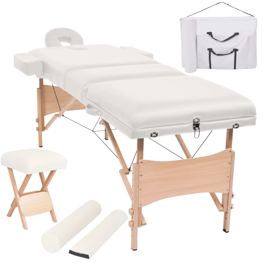 3-Zone Massage Table with Stool, Foldable, 10 cm Seat, White