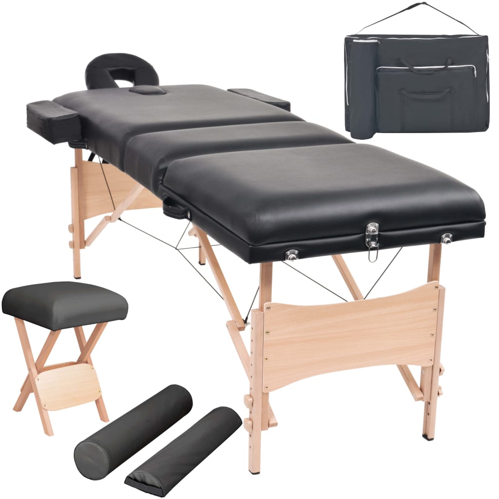 Massage Table 3-Zone with Stool Foldable 10 cm Seat Black