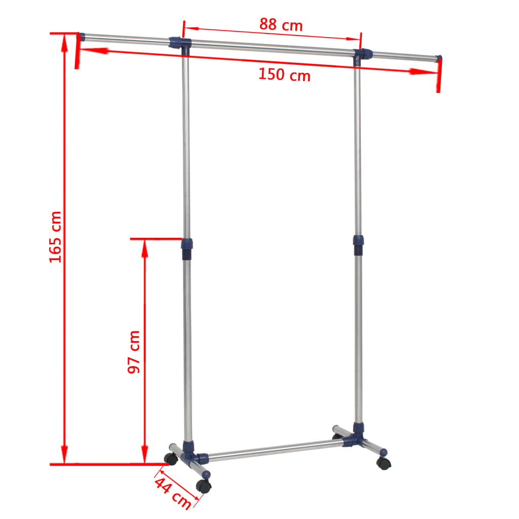 Portant à vêtements réglable en acier inoxydable 165x44x150 cm Argent