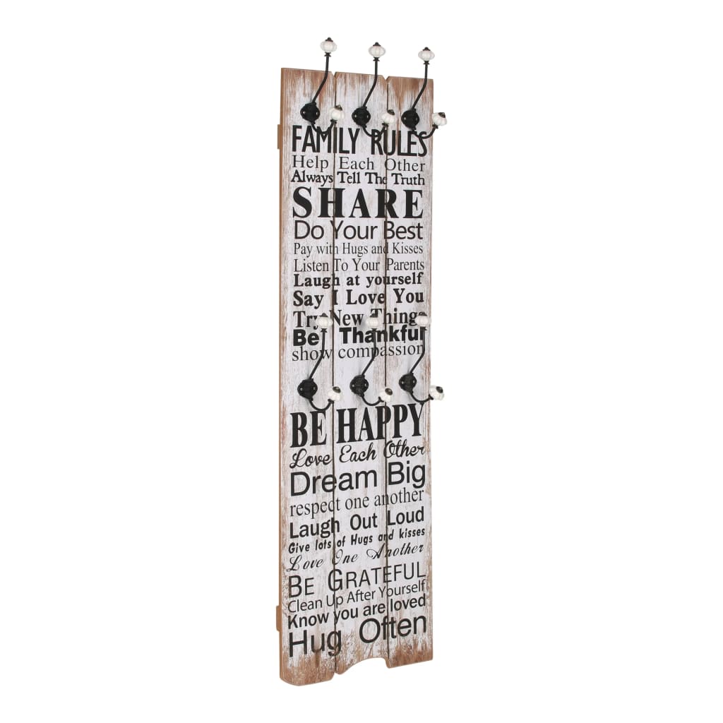 Wall coat rack with 6 hooks 120 x 40 cm "FAMILY RULES"