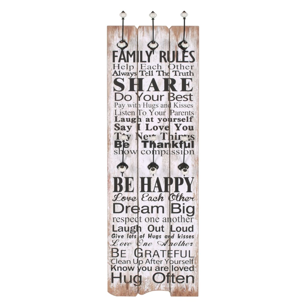 Wall coat rack with 6 hooks 120 x 40 cm "FAMILY RULES"