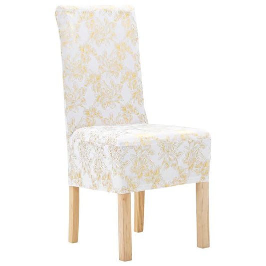6 pcs. Stretch Chair Covers Straight White with Gold Print