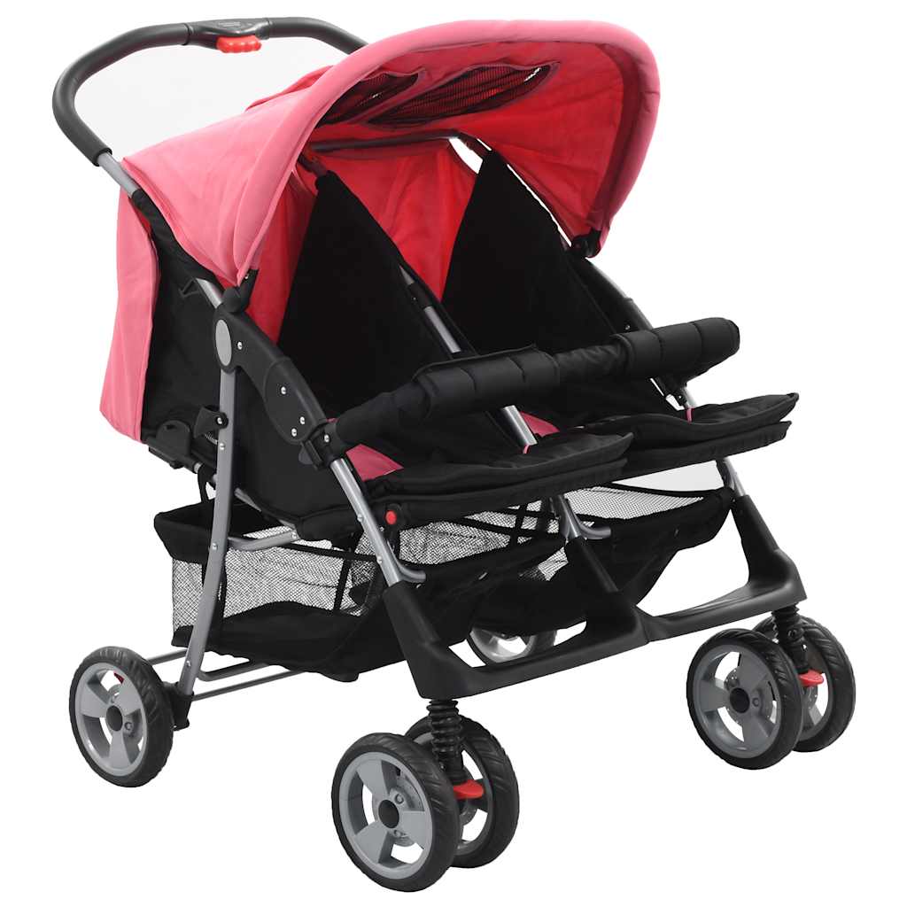 Poussette double rose et noire en acier