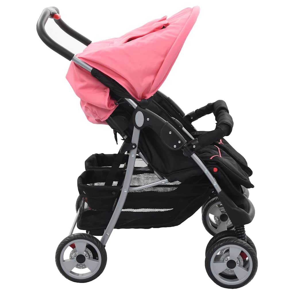 Poussette double rose et noire en acier