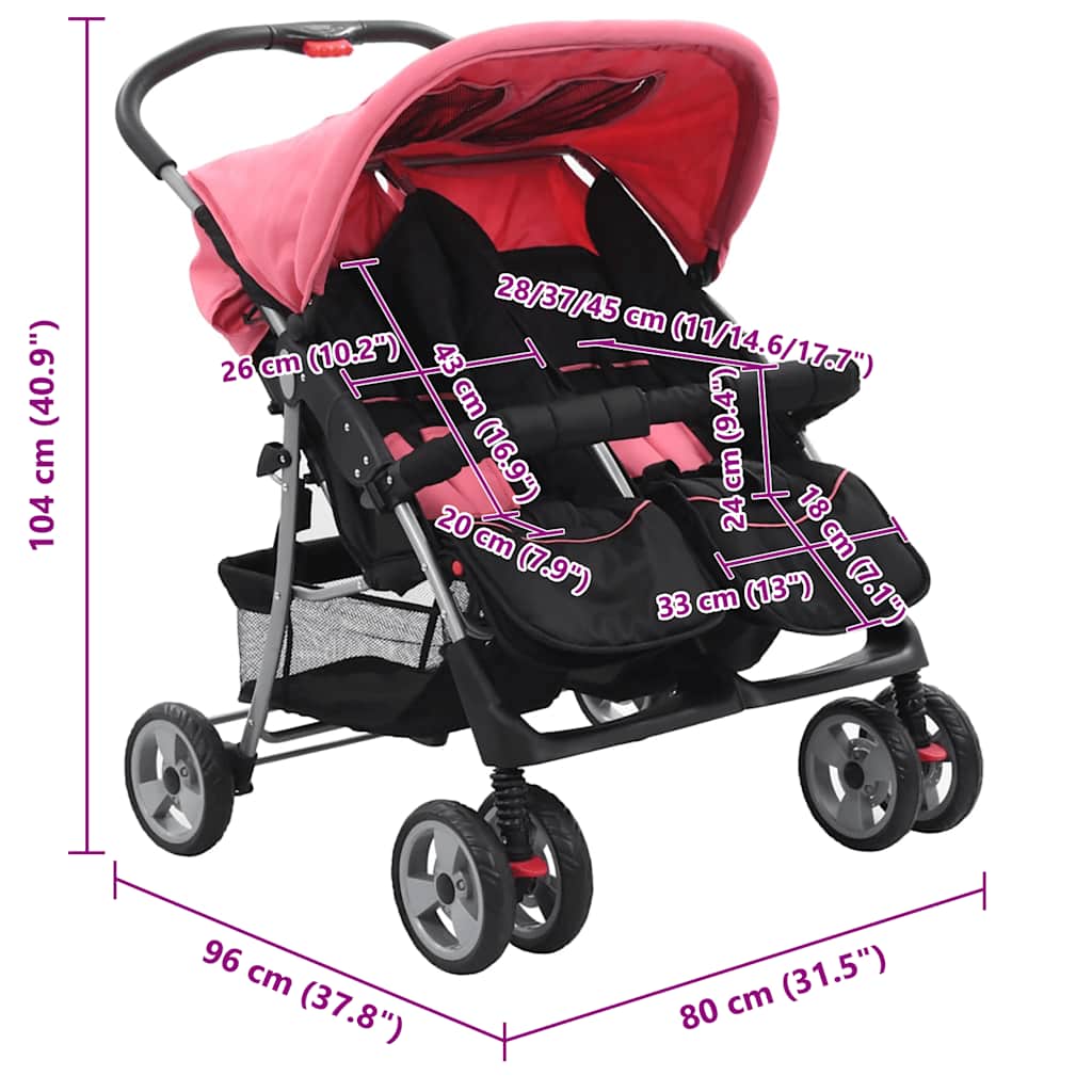 Poussette double rose et noire en acier