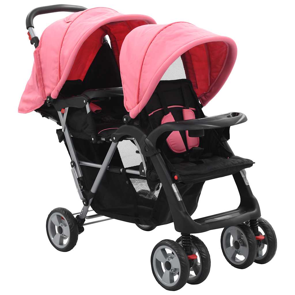 Poussette double en acier rose et noir