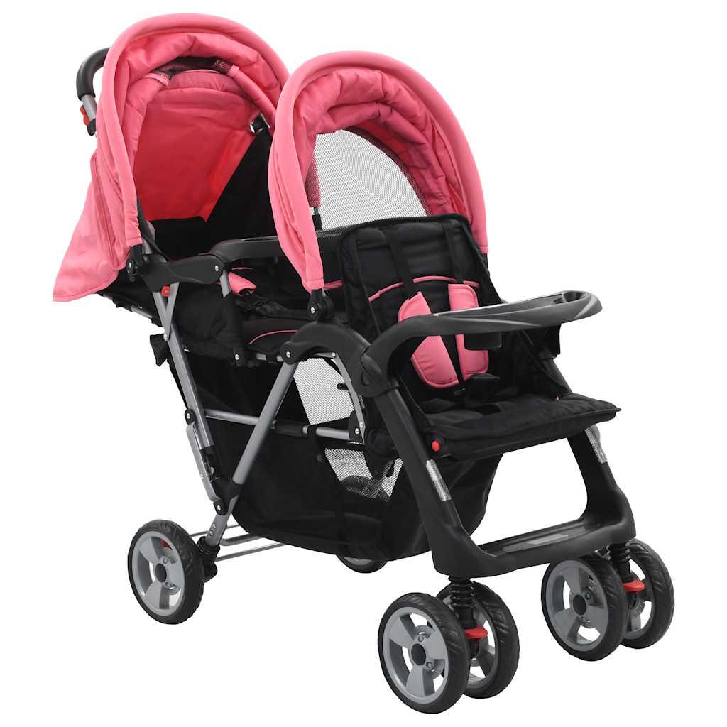 Poussette double en acier rose et noir