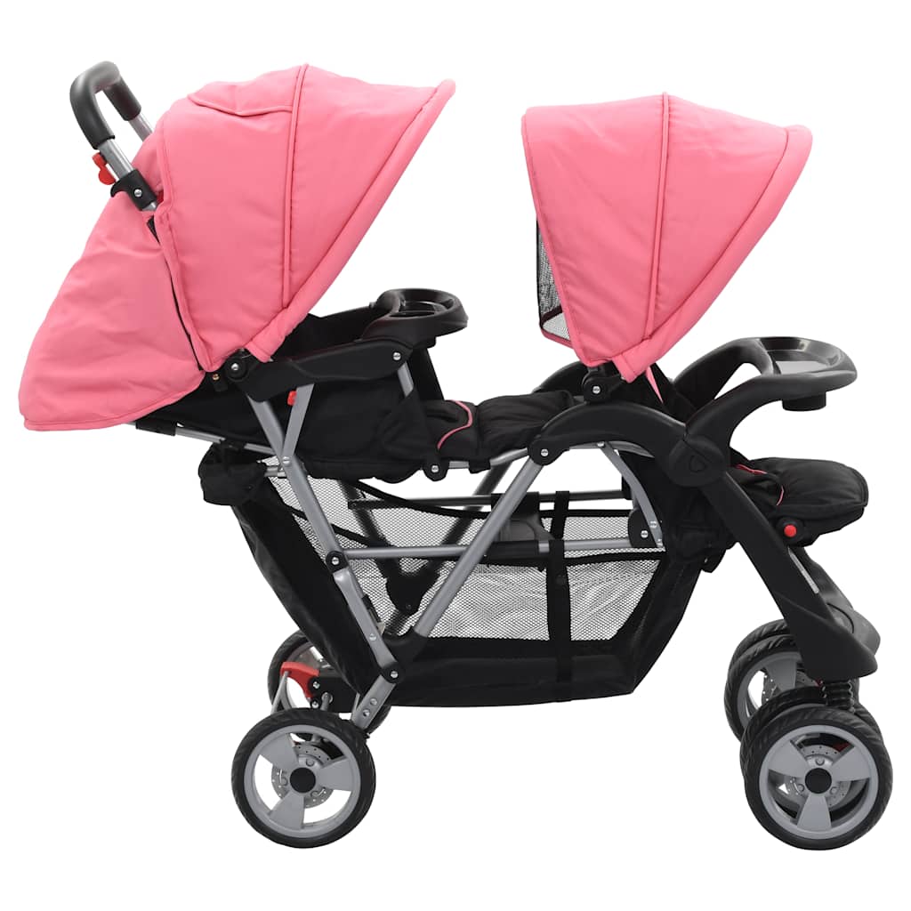 Poussette double en acier rose et noir