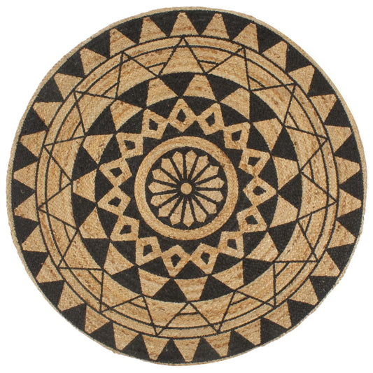Teppich Handgefertigt Jute Schwarzer Druck 90 cm