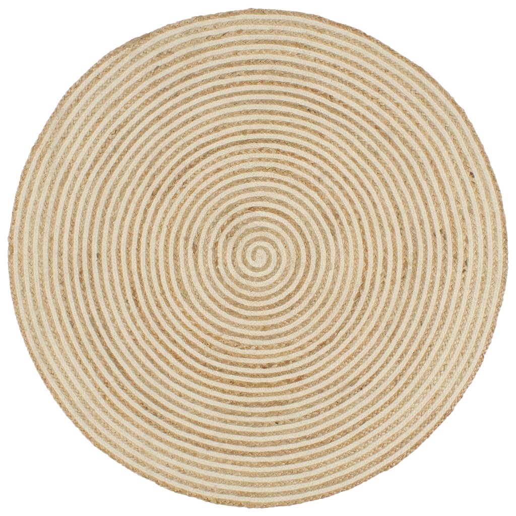 Tapis Fait Main Jute Blanc Motif Spirales 90 cm