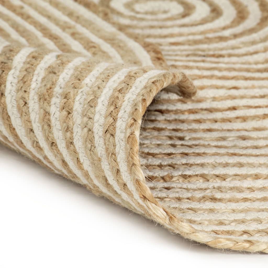 Tapis Fait Main Jute Blanc Motif Spirales 90 cm