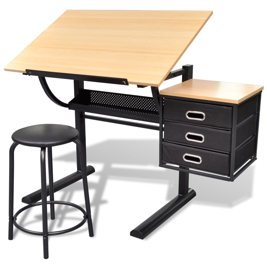 Drafting table with tiltable top, 3 drawers, and stool