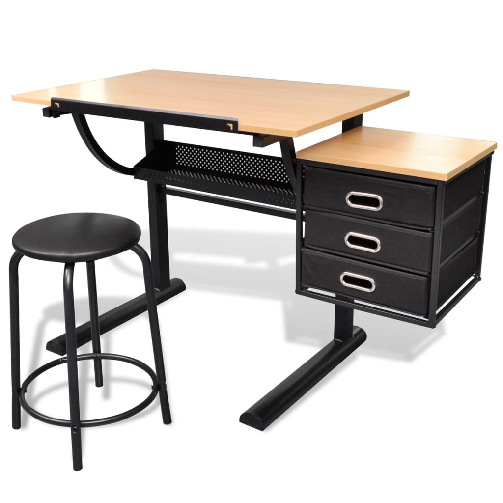 Drafting table with tiltable top, 3 drawers, and stool