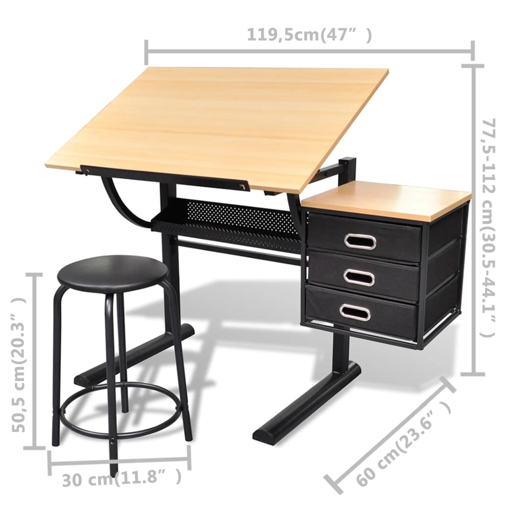 Drafting table with tiltable top, 3 drawers, and stool