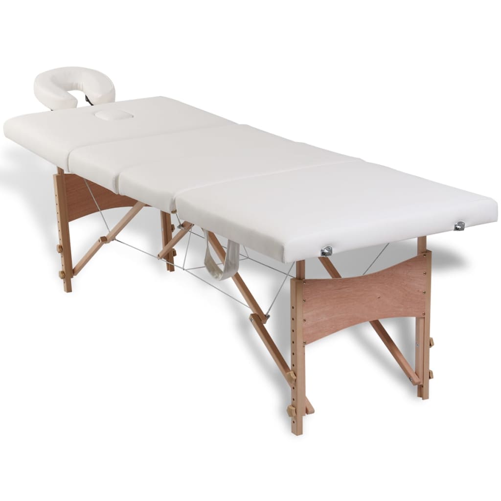 Table de massage pliante 4 zones avec châssis en bois blanc crème