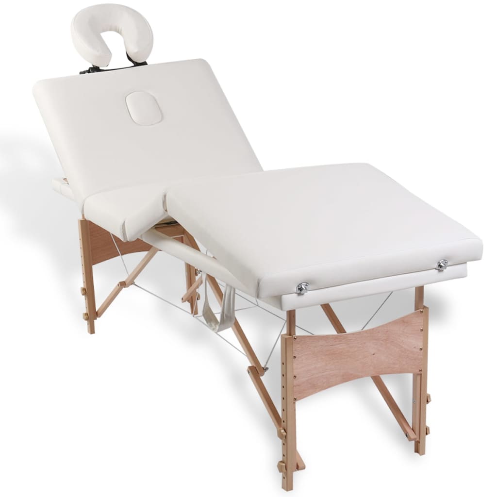 Table de massage pliante 4 zones avec châssis en bois blanc crème
