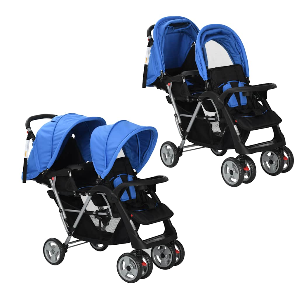 Poussette double en acier bleu et noir