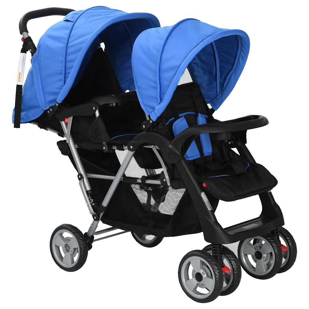 Poussette double en acier bleu et noir