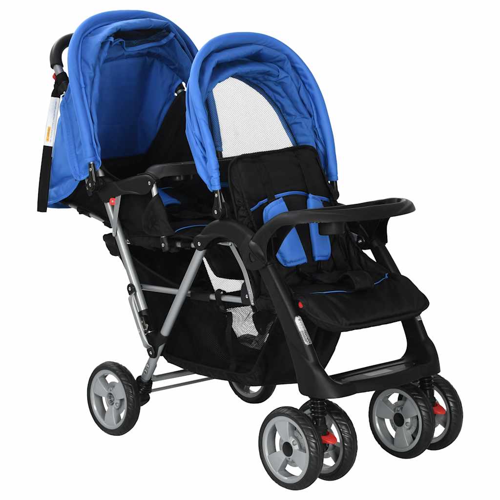 Poussette double en acier bleu et noir