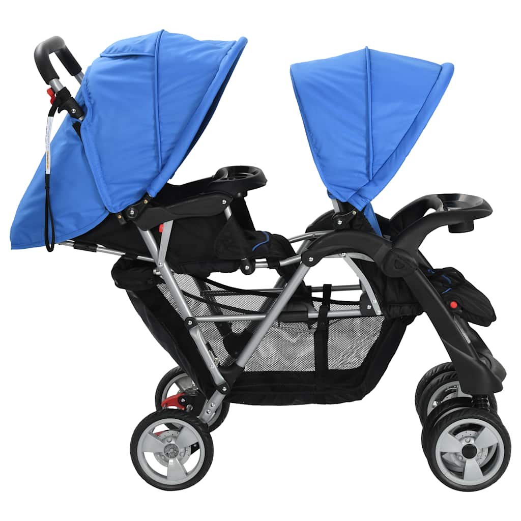 Poussette double en acier bleu et noir
