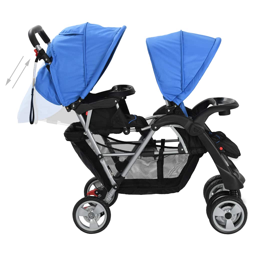 Poussette double en acier bleu et noir