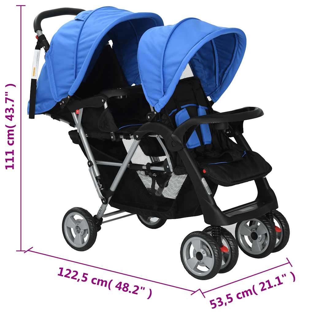 Poussette double en acier bleu et noir